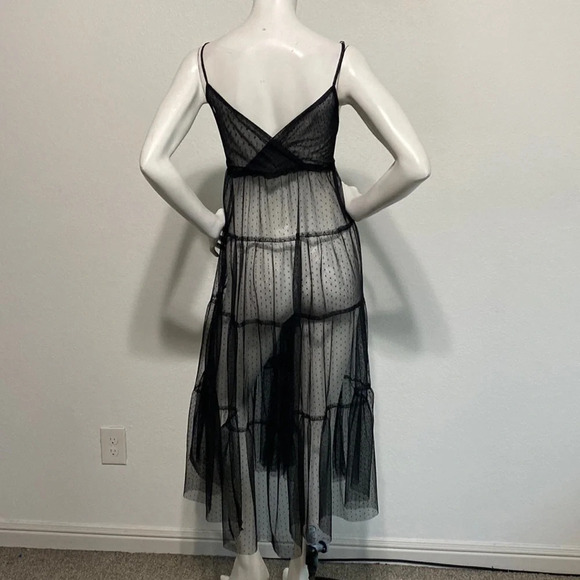 Black Polka Dot Sheer Sleeveless V-Neck Pullover Tiered Midi Dress Size M/L - Picture 5 of 8